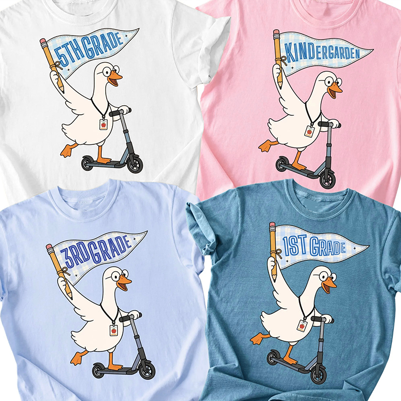 Personalized Grade Silly Goose Scooter Pennant Pencil Teacher T-Shirt
