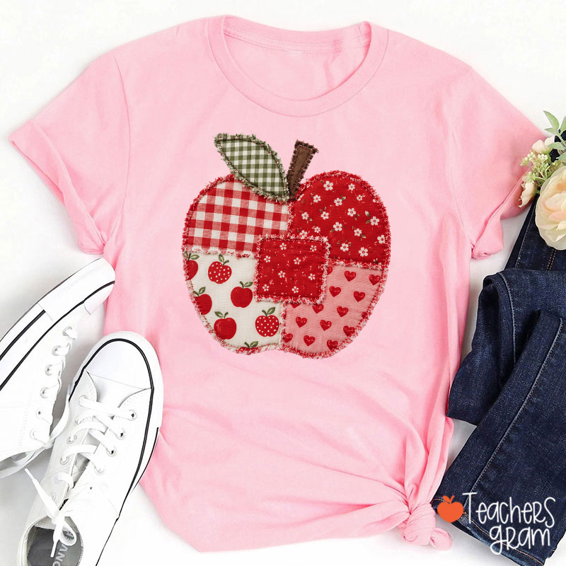 Vintage Patchwork Apple Gingham Floral Heart Teacher Graphic Teacher T-Shirt