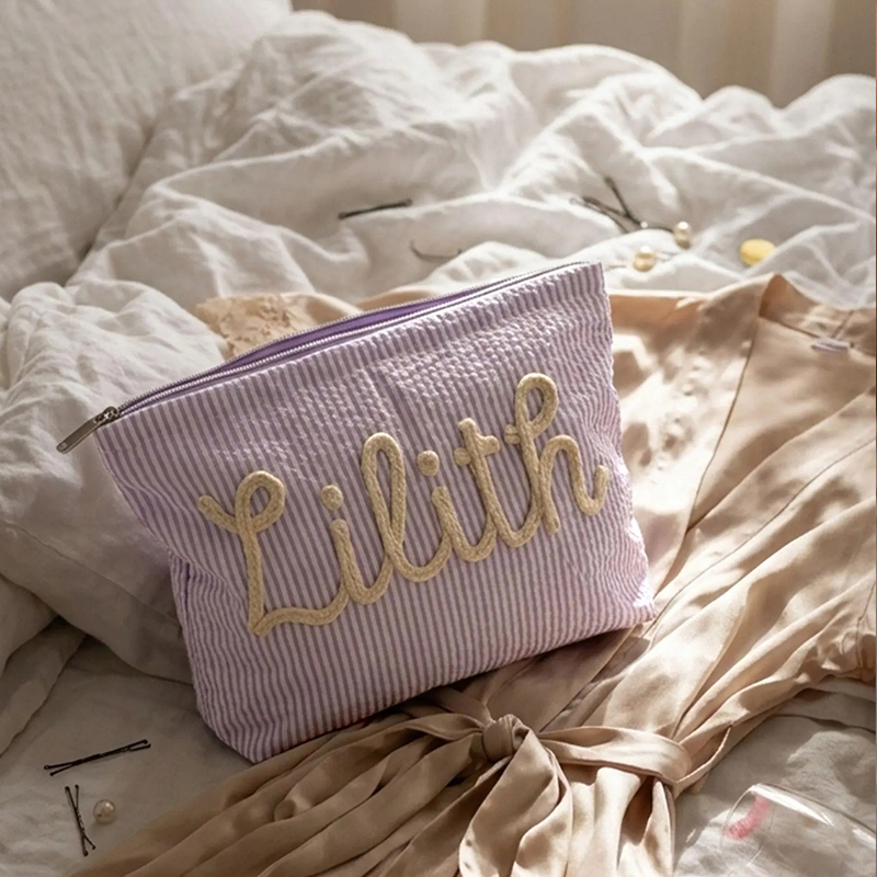 Personalized Vacation Travel Seersucker Makeup Bag