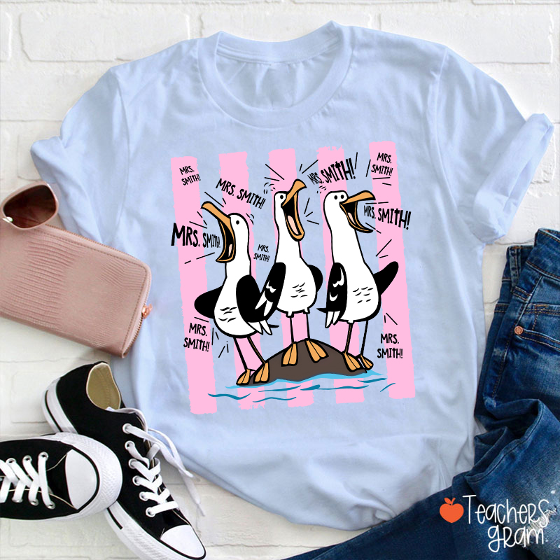 Personalized Pink Stripes Seagull Meme Teacher T-Shirt