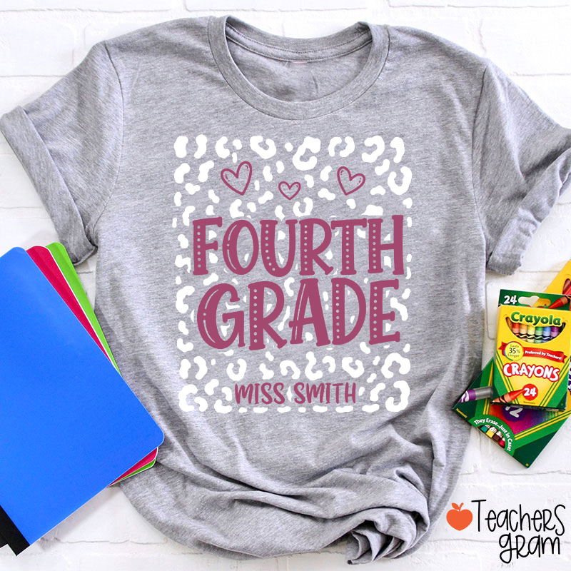 Personalized Name And Grade Leopard Heart Teacher T-Shirt
