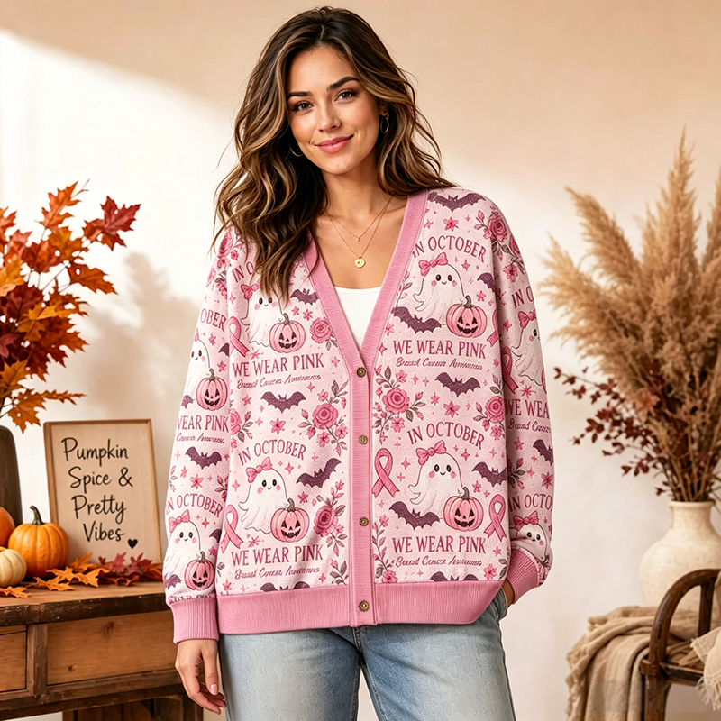 In October We Wear Pink Halloween Ghost All Over Print Teacher Ugly Cardigan Sweater