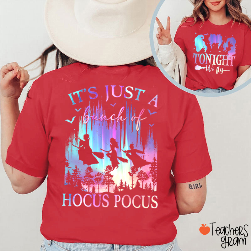 Tonight We Fly Witch Silhouette Broom Bat Teacher Two Sided T‑Shirt
