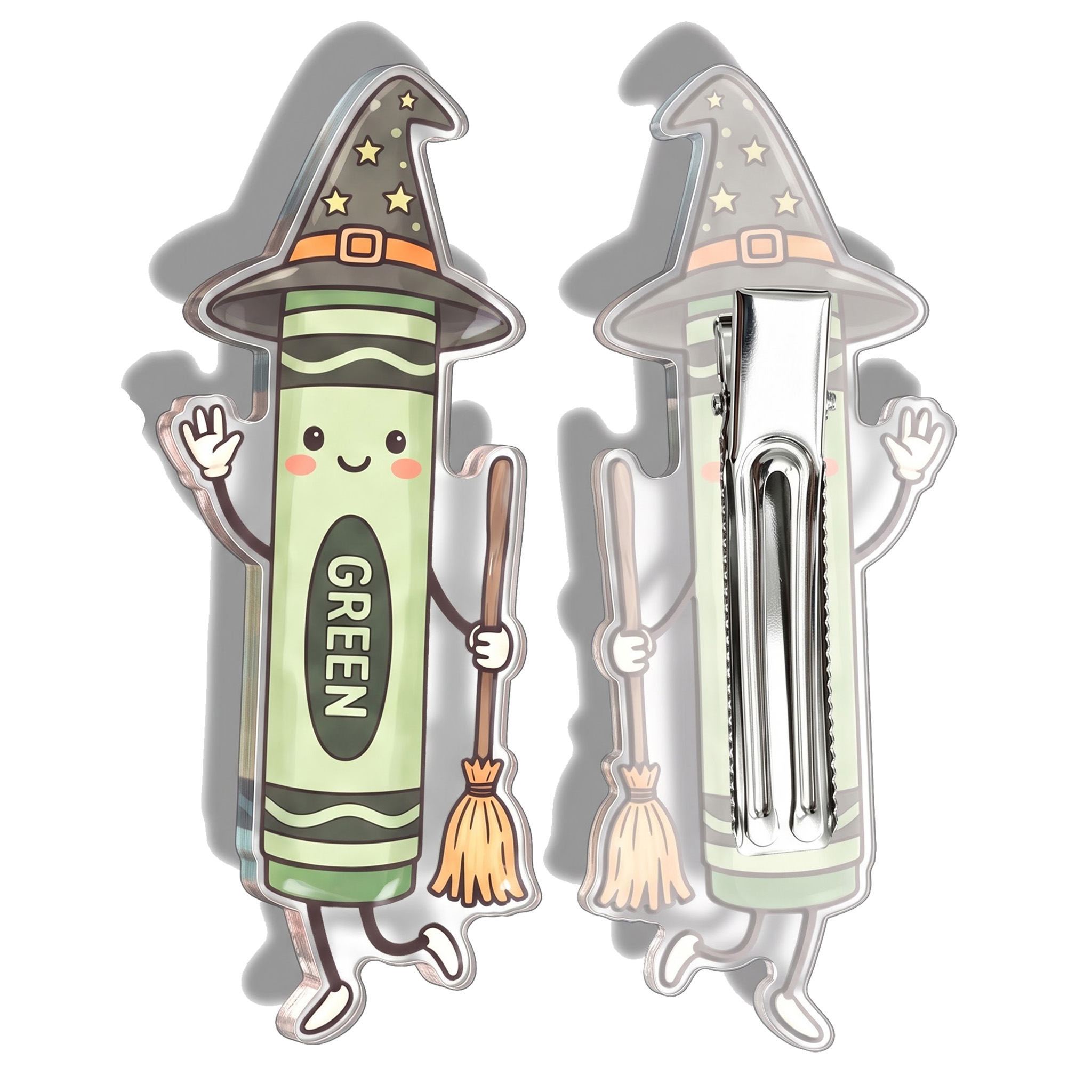 Cute Witch Crayon With Broom Teacher Acrylic Duckbill Hair Clips