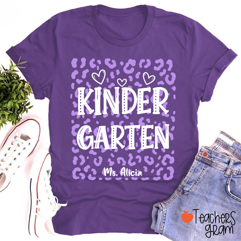 Personalized Name And Grade Leopard Heart Teacher T-Shirt