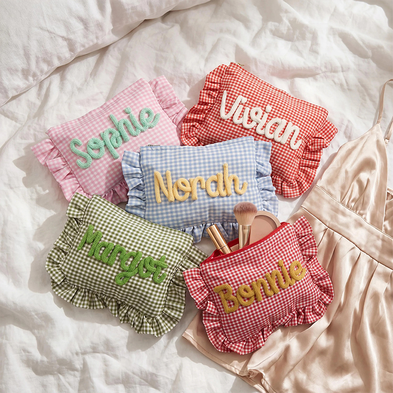 Personalized Name Ruffle Gingham Chenille Teacher Makeup Bag