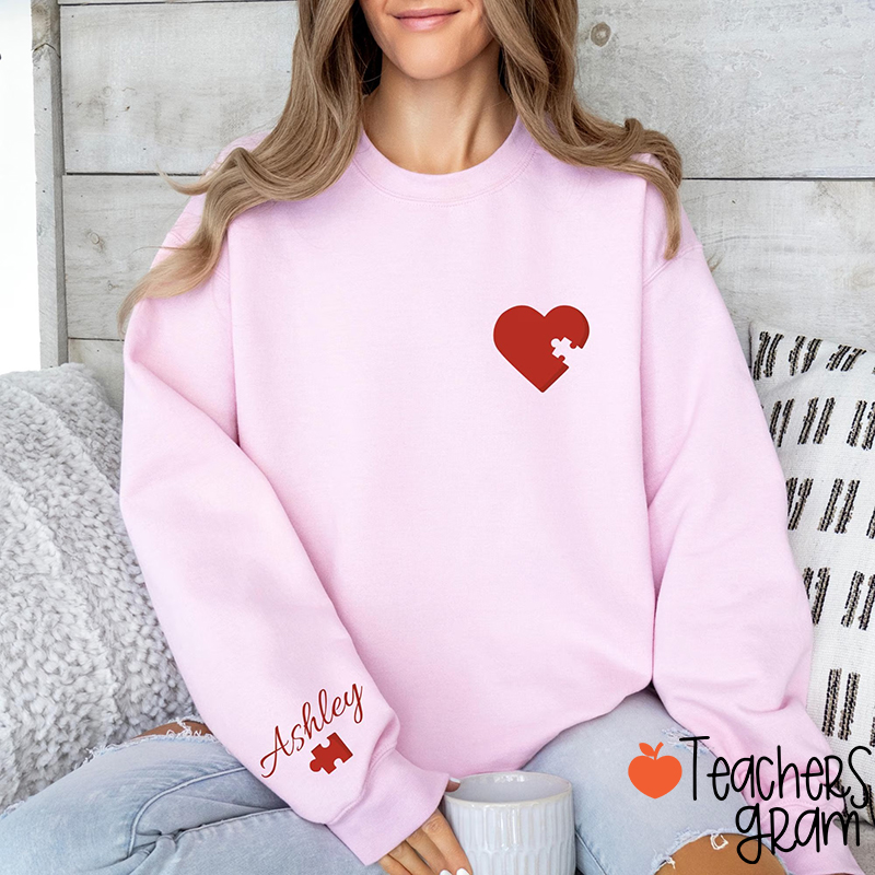 Personalized Name Cute Valentine's Day Teacher Sleeve Print Sweatshirt
