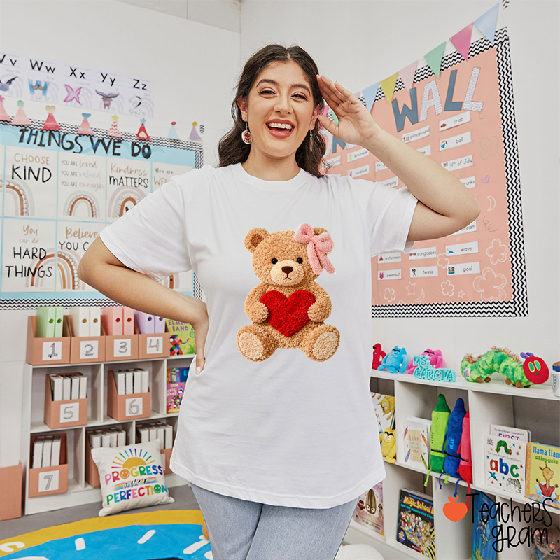 Faux Yarn Teddy Bear Valentine's Day Teacher T-Shirt
