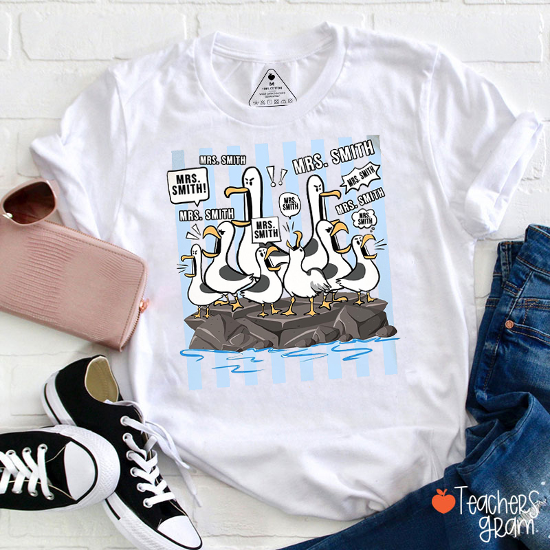 Personalized Name Silly Goose Ocean Rock Blue Stripe Teacher T-Shirt