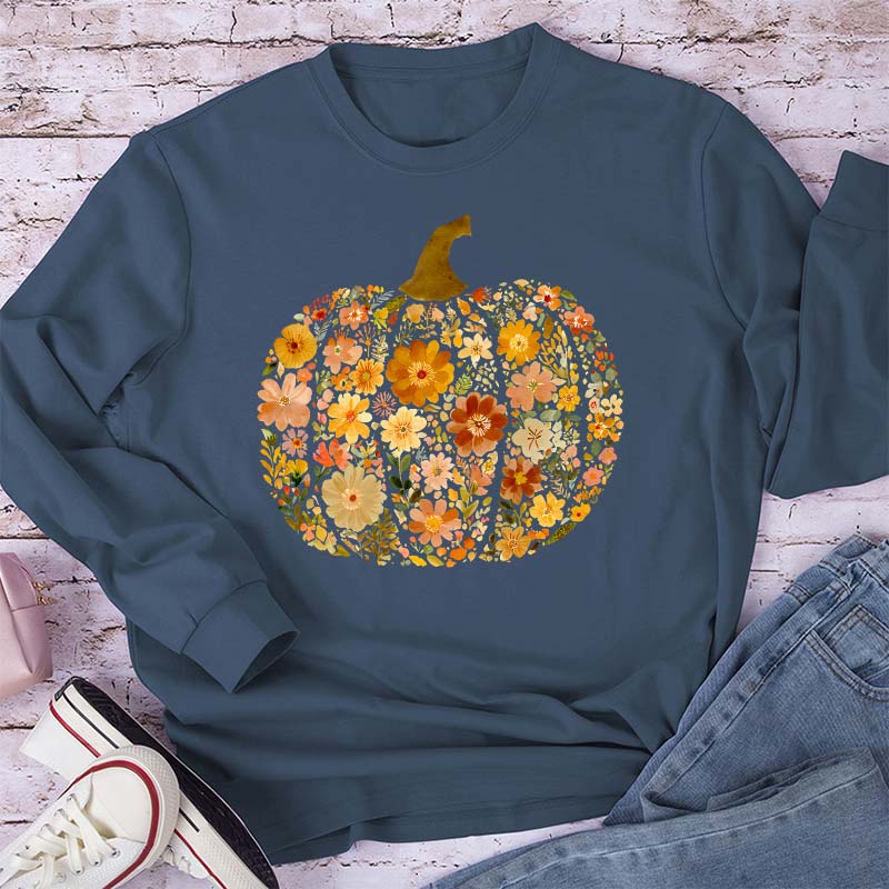 Pumpkin Orange Flowers Grass Teacher Long Sleeve T-Shirt