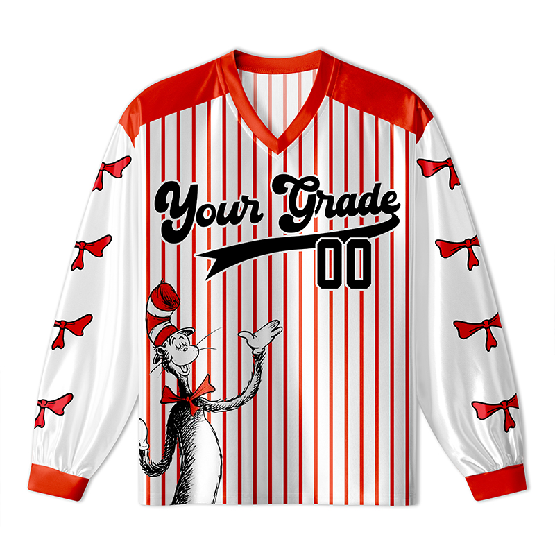 Personalized Team Name And Number Red Hat Cat Teacher Long Sleeve Jersey