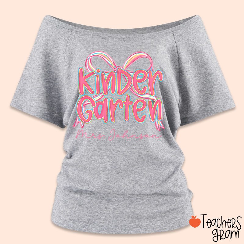 Personalized Grade Pink Bow Teacher Off Shoulder Shirt