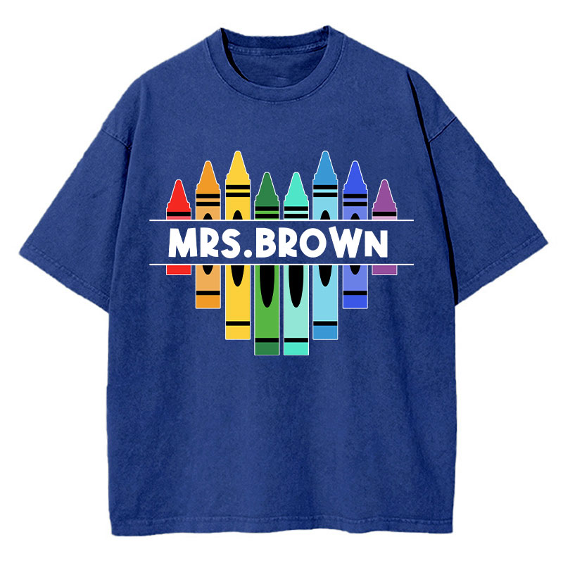 Personalized Name Colorful Crayons Teacher Washed T-Shirt