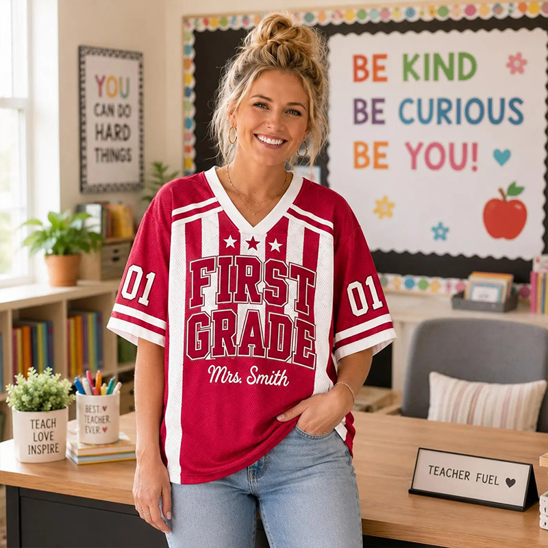Personalized Grade Teacher Name And Number Vertical Striped Teacher Mesh Jersey