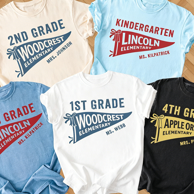 Personalized Grade And School Name Pennant Teacher T-Shirt