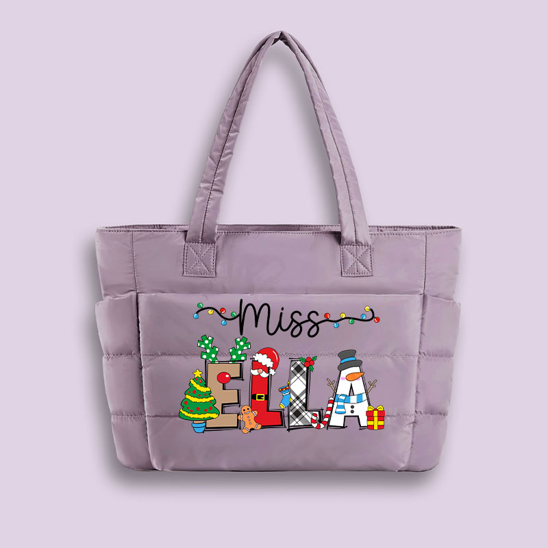 Personalized Name Cute Christmas Elements Teacher Puffy Tote Bag