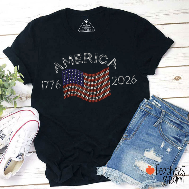 America 250th Rhinestone Flag Teacher T-Shirt