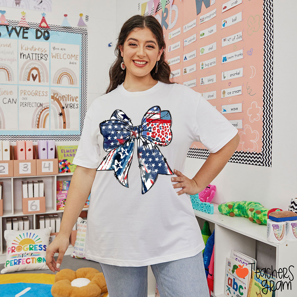 American Flag Big Bow Teacher T-Shirt