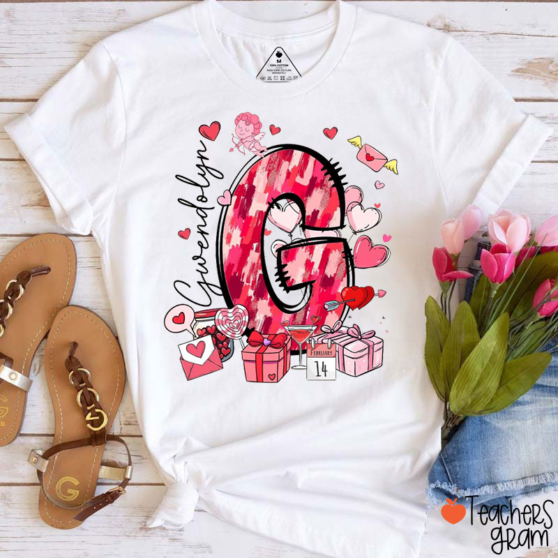 Personalized Name And Initial Valentines Vibes Teacher T-Shirt