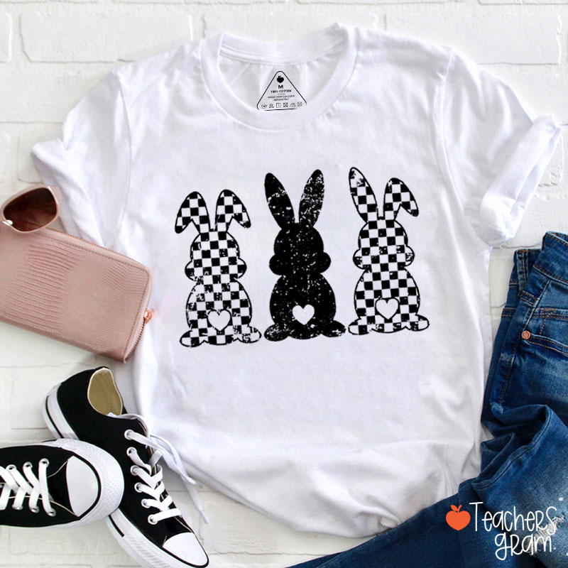 Three Bunnies Celebrating Easter Teacher T-Shirt