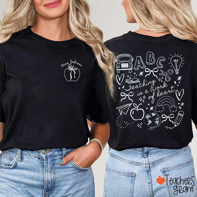Personalized Pure Line Apple Bow Illustration And Name Teacher Two Sided T-Shirt