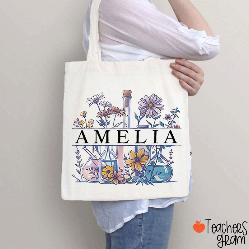 Personalized Name Flower Chemical Reagent Teacher Tote Bag