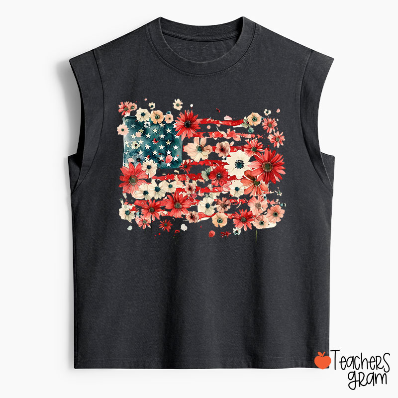 American Flag Floral Teacher Washed Tank Top