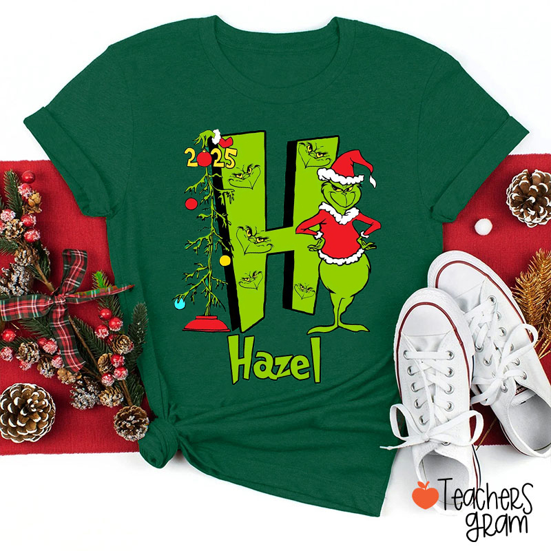 Personalized Name And Initial Green Guy Christmas Teacher T-Shirt