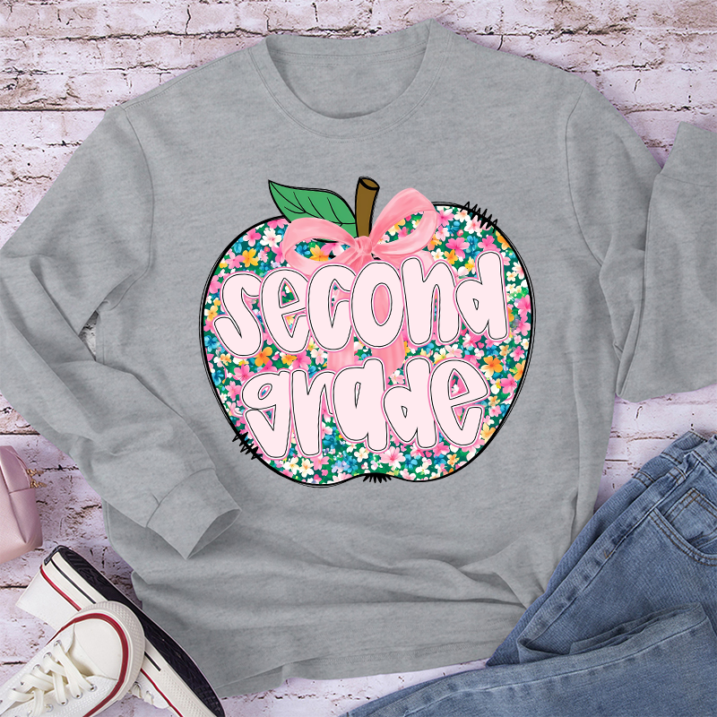 Personalized Grade Flowers Apple Teacher Long Sleeve T-Shirt