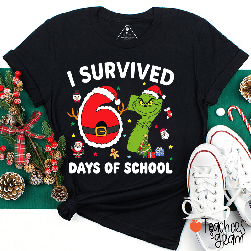 I Survived 67 Days Of School Santa And Green Guy Teacher T-Shirt