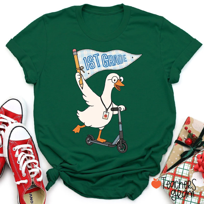 Personalized Grade Silly Goose Scooter Pennant Pencil Teacher T-Shirt