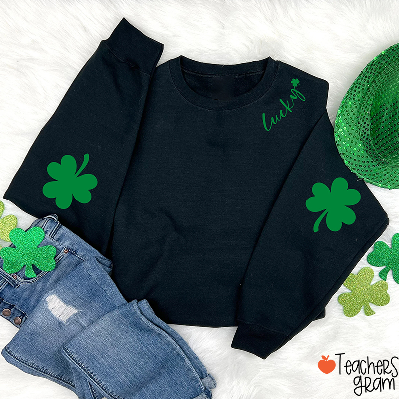 Lucky Shamrock Elbow St. Patricks Day Teacher Sleeve Print Sweatshirt