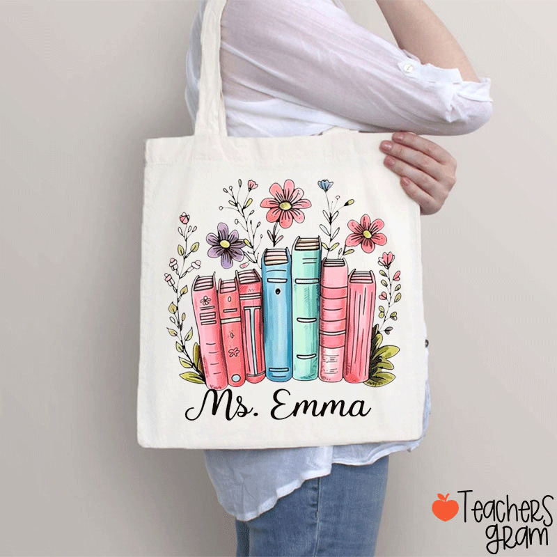 Personalized Name Flower Book Teacher Tote Bag