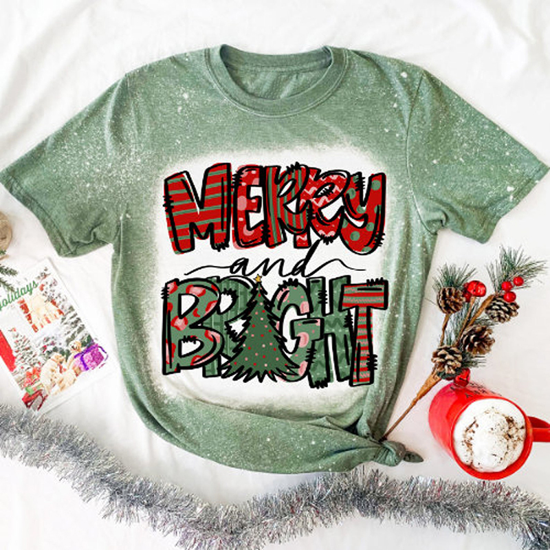 Merry And Bright Christmas Tree Teacher Printed T-Shirt