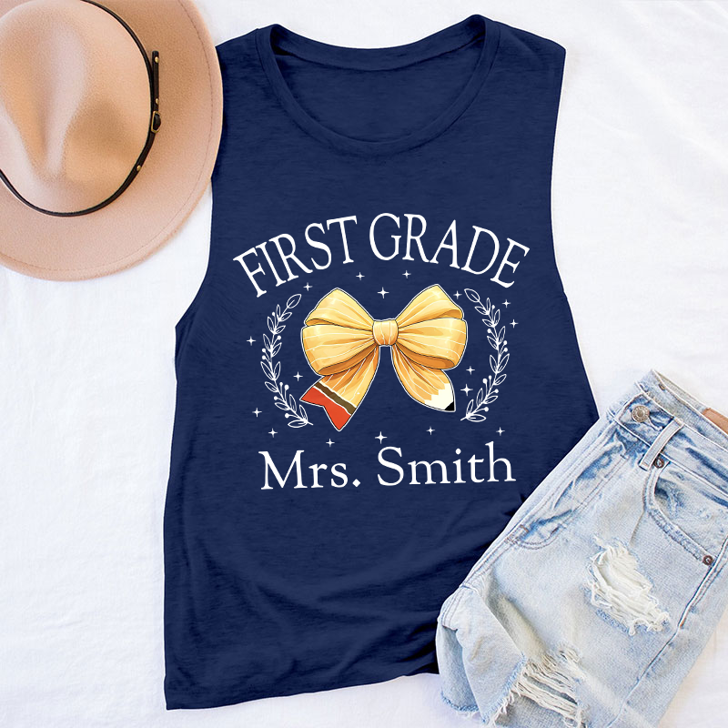 Personalized Name And Grade Bow Teacher Tank Top
