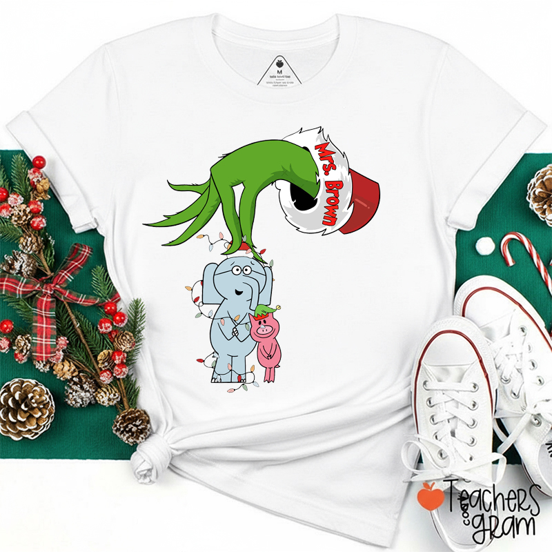 Personalized Name Green Hand Holding Elephant Friends Teacher T-Shirt