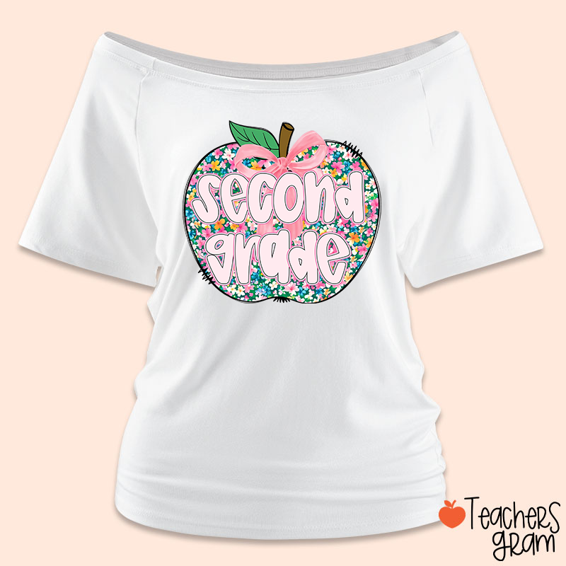 Personalized Grade Flowers Apple Teacher Off Shoulder Shirt