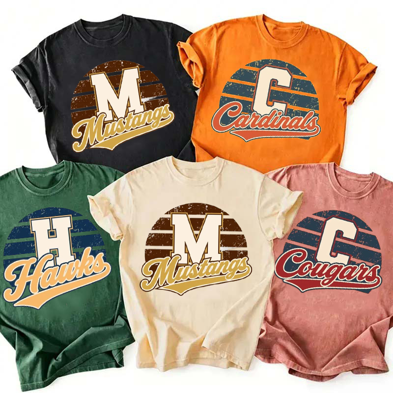 Personalized Mascot Name And Color Retro Striped Circle Initial Teacher T-Shirt