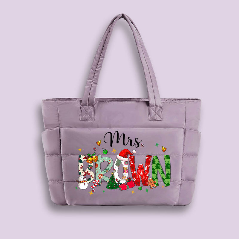Personalized Name Christmas Atmosphere Teacher Puffy Tote Bag