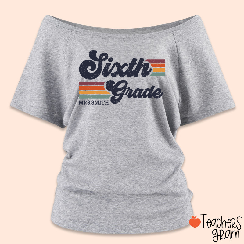 Personalized Grade And Name Retro Horizontal Stripes Teacher Off Shoulder Shirt