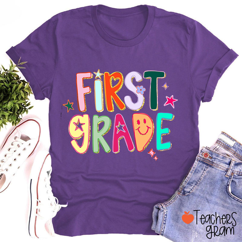 Personalized Grade Smiley Star Heart Teacher T-Shirt