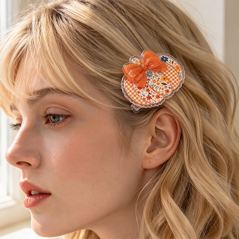Faux Lace Pumpkin Bow Teacher Acrylic Duckbill Hair Clips