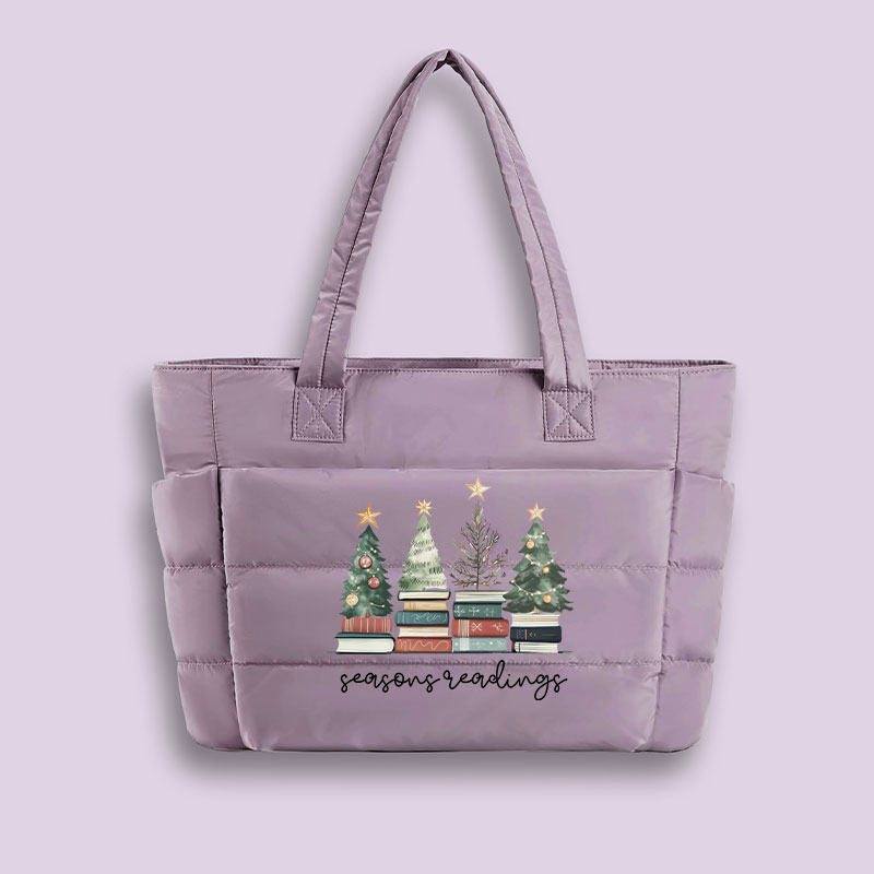 Bookish Christmas Seasons Readings Teacher Puffy Tote Bag