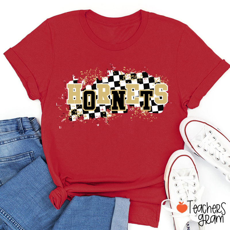 Personalized Mascot School Spirit Checkered Print Teacher T-Shirt