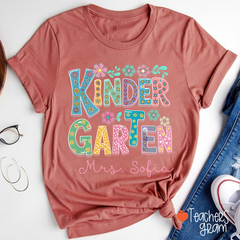 Personalized Name And Grade Flowers Fonts Teacher T-Shirt