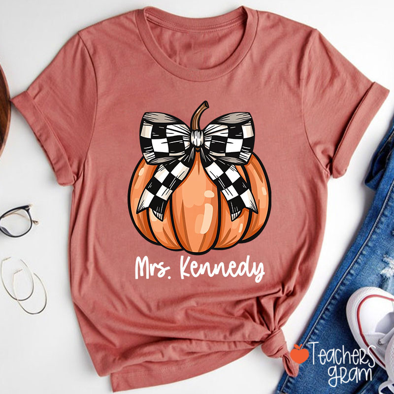 Personalized Name Pumpkin Bow Teacher T-Shirt