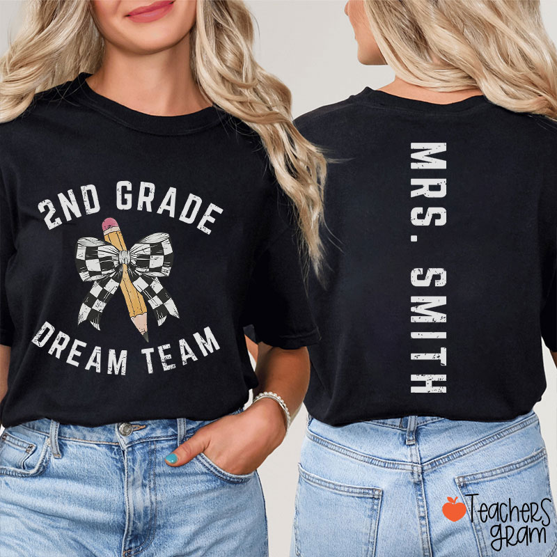 Personalized Grade And Name Checkered Pencil Bow Teacher Two Sided T-Shirt