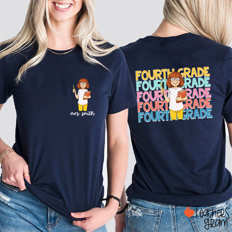 Personalized Grade And Name Cartoon Teacher Reading Teacher Two Sided T-Shirt