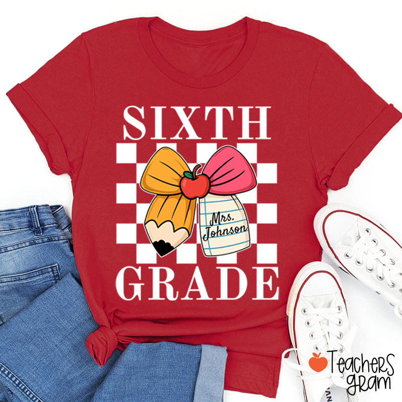 Personalized Grade And Name Pencil Bow Checkered Teacher T-Shirt