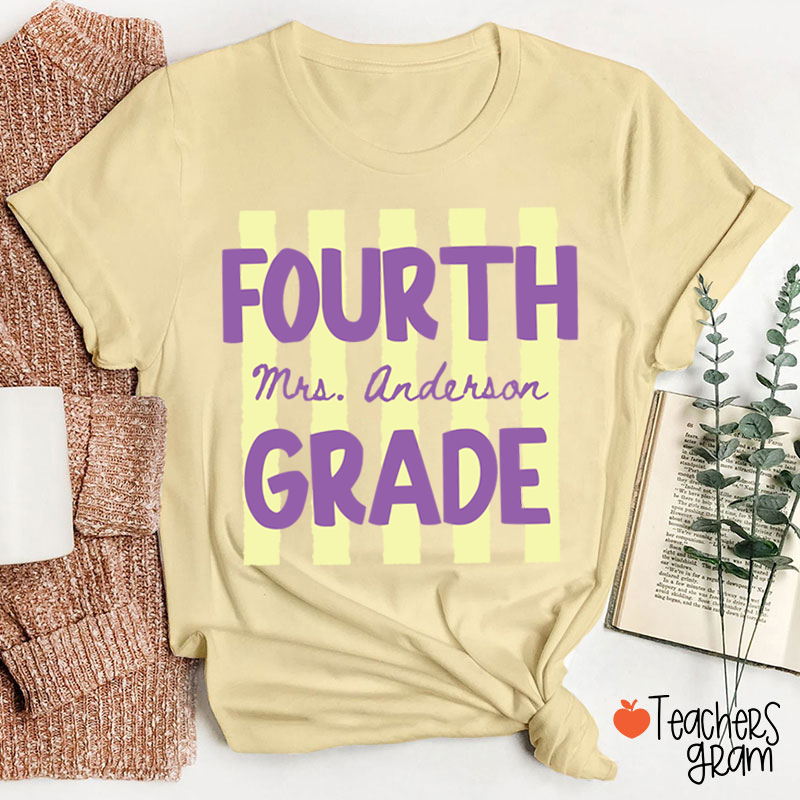 Personalized Name And Grade Preppy Stripes Teacher T-Shirt